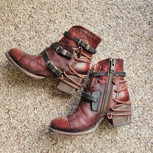 Freebird Burgundy Leather Ankle Boots with Buckle Detail